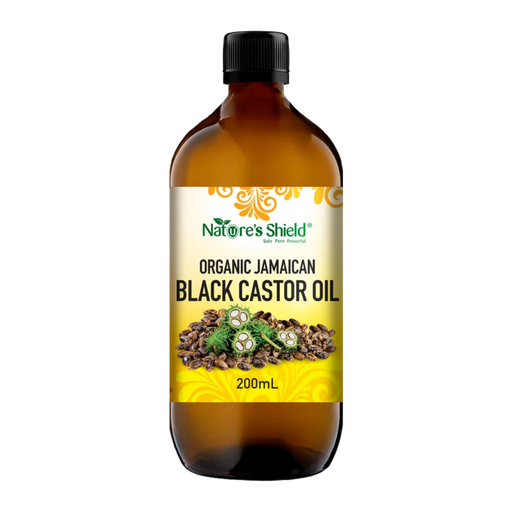 Nature's Shield Organic Jamaican Black Castor Oil 200ml in amber glass bottle - front of pack