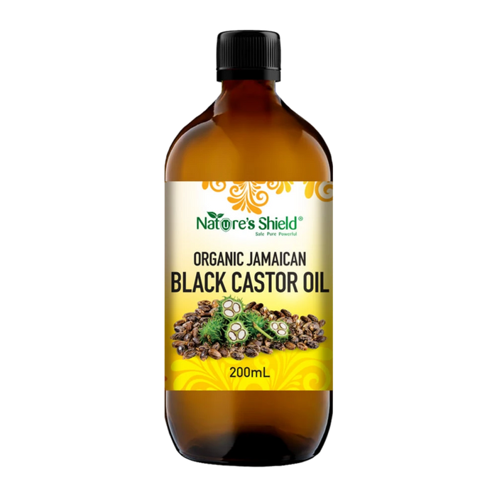 Nature's Shield Organic Jamaican Black Castor Oil 200ml in amber glass bottle - front of pack