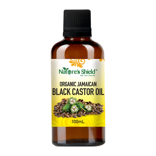 Nature's Shield Organic Jamaican Black Castor Oil 100ml in amber glass bottle - front of pack