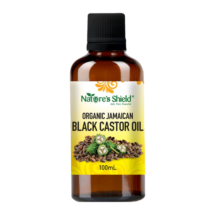 Nature's Shield Organic Jamaican Black Castor Oil 100ml in amber glass bottle - front of pack