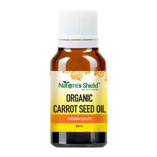 Nature's Shield Organic Carrot Seed Essential Oil 25ml in amber glass bottle - front of pack