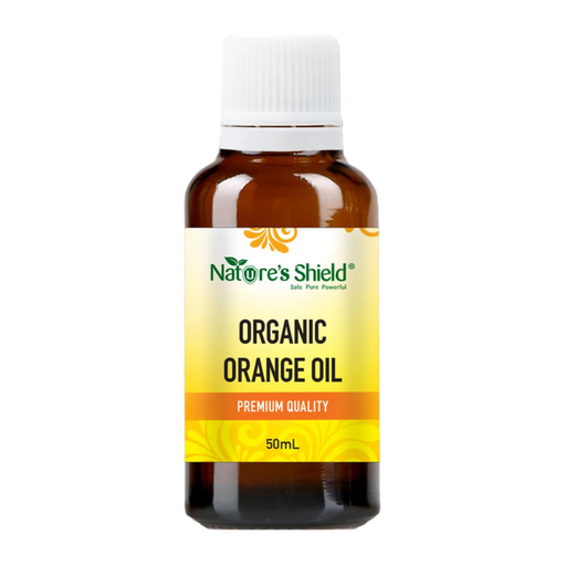 Nature's Shield Organic Orange Essential Oil 50ml in amber glass bottle - front of pack