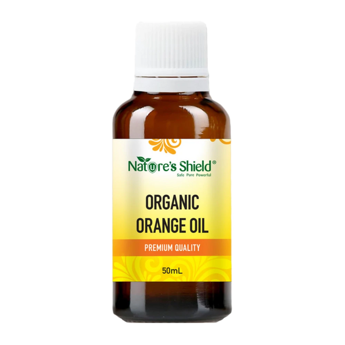 Nature's Shield Organic Orange Essential Oil 50ml in amber glass bottle - front of pack