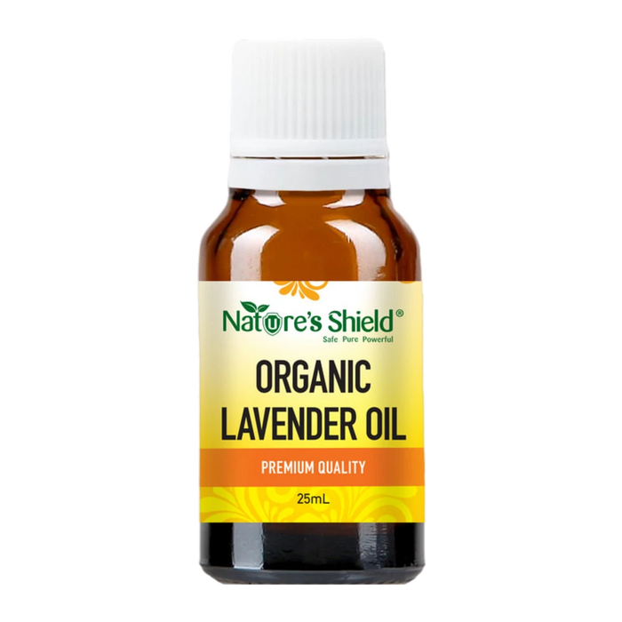 Nature's Shield Organic Lavender Essential Oil 25ml in amber glass bottle - front of pack