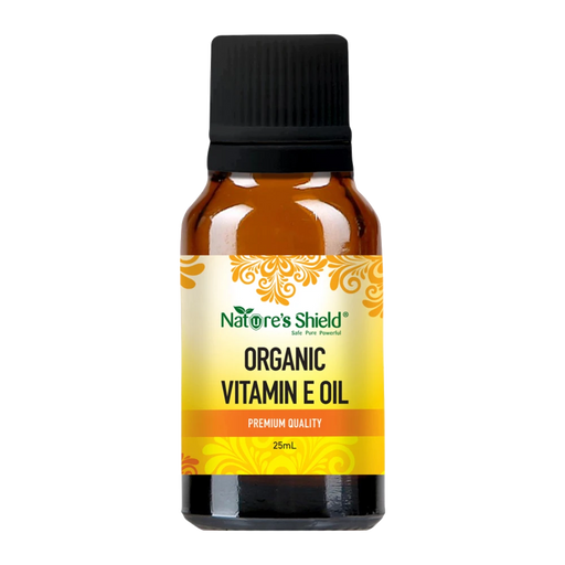 Nature's Shield Organic Vitamin E Oil 25ml in amber glass bottle - front of pack