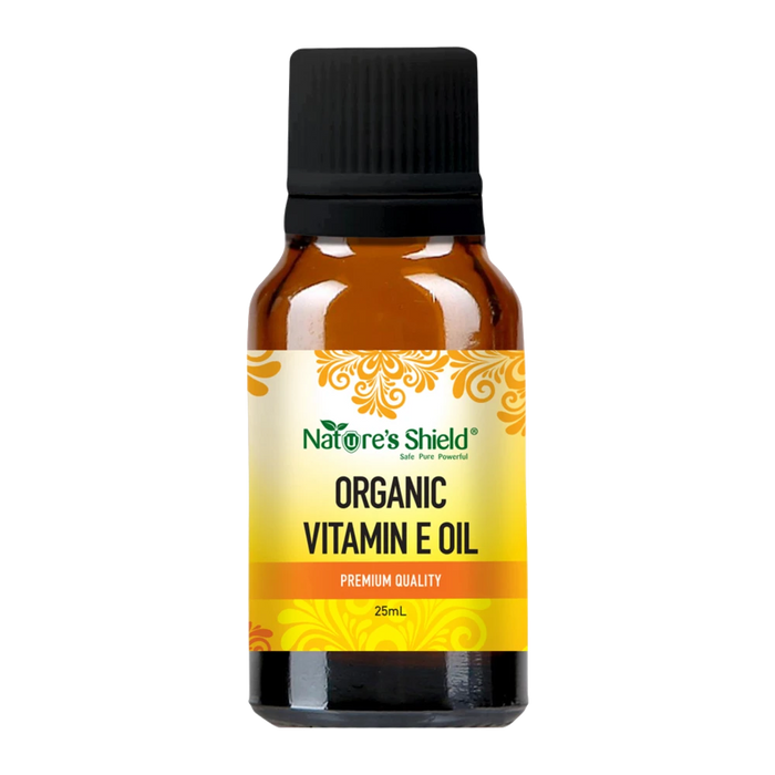 Nature's Shield Organic Vitamin E Oil 25ml in amber glass bottle - front of pack