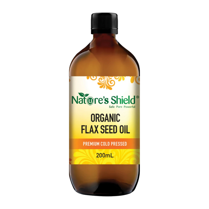 Nature's Shield Organic Flax Seed Oil 200ml in amber glass bottle - front of pack