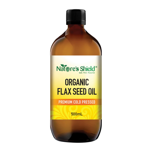 Nature's Shield Organic Flax Seed Oil 500ml in amber glass bottle - front of pack