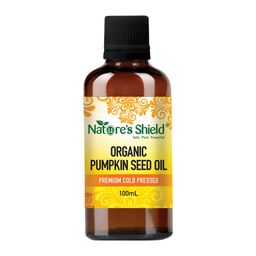 Nature's Shield Organic Pumpkin Seed Oil 100ml in amber glass bottle - front of pack