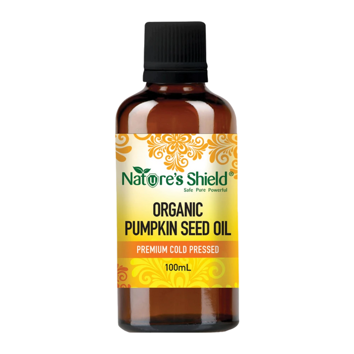 Nature's Shield Organic Pumpkin Seed Oil 100ml in amber glass bottle - front of pack