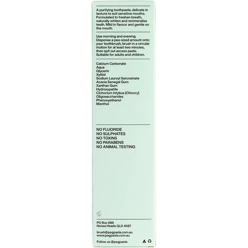 PEG PASTE Natural Toothpaste with Hydroxyapatite Natural Mint 190g - back of pack showing ingredients and directions for use