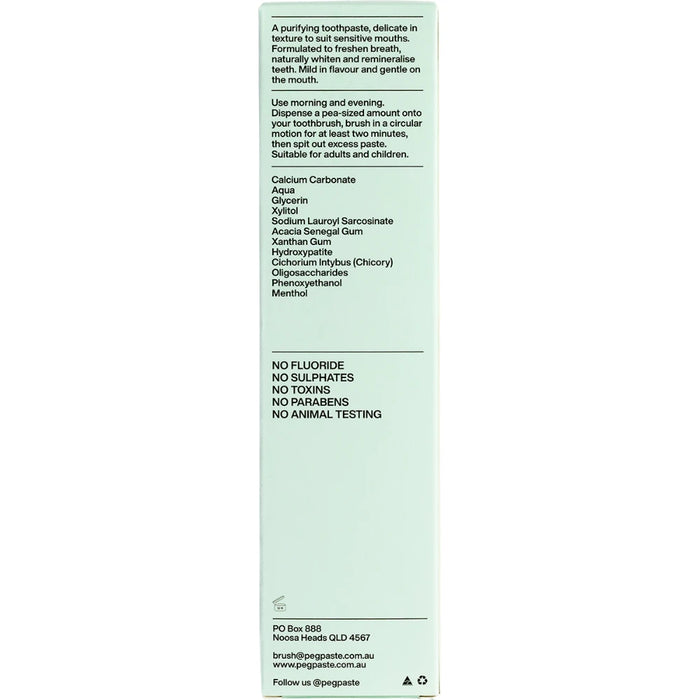PEG PASTE Natural Toothpaste with Hydroxyapatite Natural Mint 190g - back of pack showing ingredients and directions for use