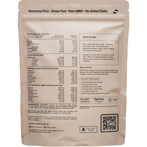 SWITCH NUTRITION Beef Protein Isolate Sample Pouch 4 x 30g - back of pack showing ingredients and nutrition information