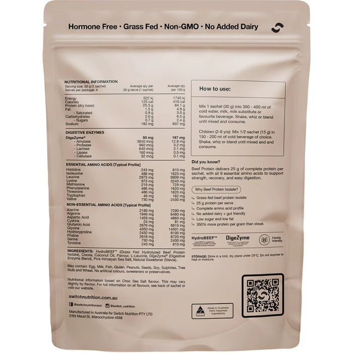 SWITCH NUTRITION Beef Protein Isolate Sample Pouch 4 x 30g - back of pack showing ingredients and nutrition information