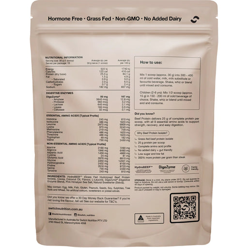 SWITCH NUTRITION Beef Protein Isolate Chocolate Sea Salt 450g - back of pack showing ingredients and nutrition information