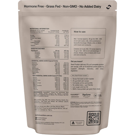 SWITCH NUTRITION Beef Protein Isolate Chocolate Sea Salt 750g - back of pack showing ingredients and nutrition information