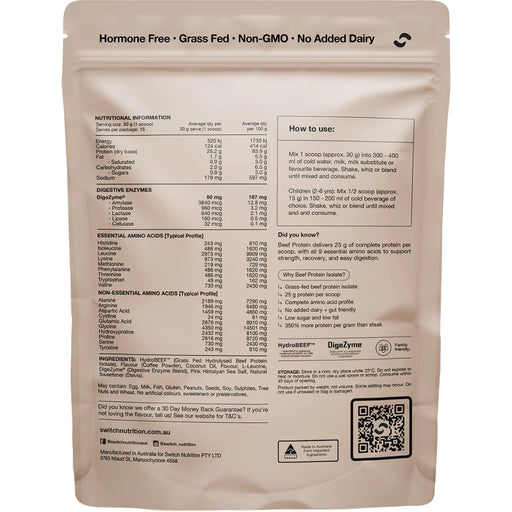 SWITCH NUTRITION Beef Protein Isolate Iced Latte 450g - back of pack showing ingredients and nutrition information