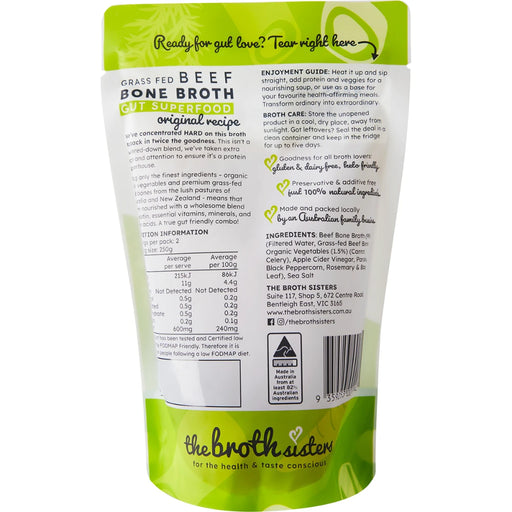 THE BROTH SISTERS Grass Fed Beef Bone Broth 500g - back of pack showing ingredients and nutrition information