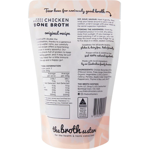 THE BROTH SISTERS Free Range Chicken Bone Broth 500g - back of pack showing ingredients and nutrition information
