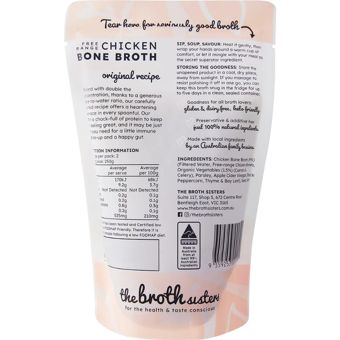 THE BROTH SISTERS Free Range Chicken Bone Broth 500g - back of pack showing ingredients and nutrition information