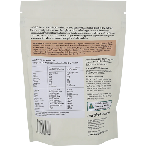 UNREFINED NUTRIENTS Kid's Immune Protein Cacao Cavalry 330g back of pouch with nutrition information and ingredients