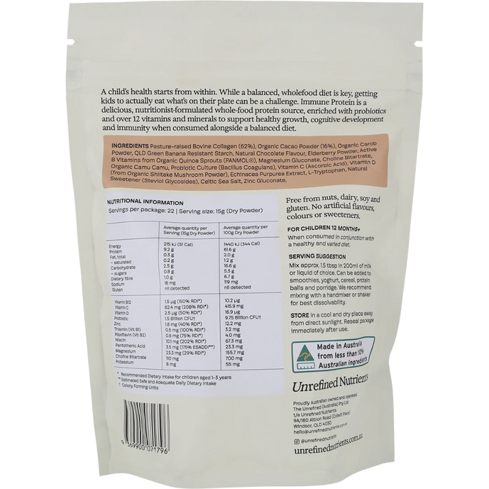 UNREFINED NUTRIENTS Kid's Immune Protein Cacao Cavalry 330g back of pouch with nutrition information and ingredients