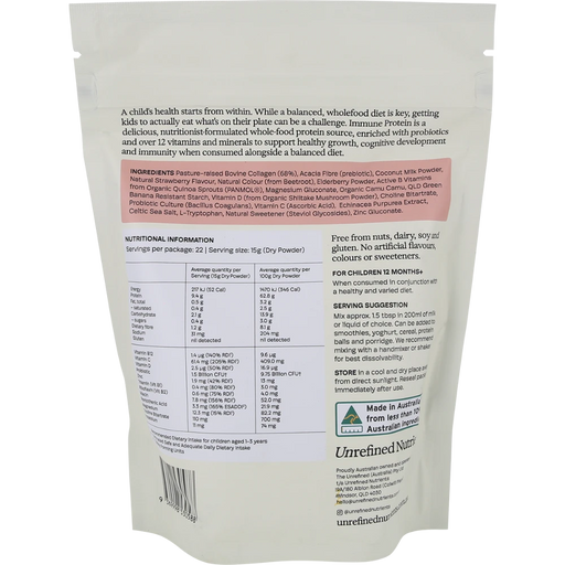 UNREFINED NUTRIENTS Kid's Immune Protein Strawberry Fort 330g back of pouch with nutrition information and ingredients