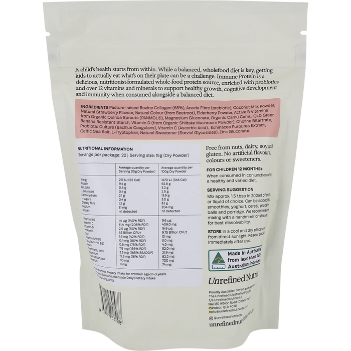 UNREFINED NUTRIENTS Kid's Immune Protein Strawberry Fort 330g back of pouch with nutrition information and ingredients