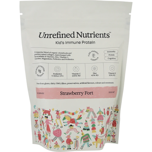 UNREFINED NUTRIENTS Kid's Immune Protein Strawberry Fort 330g front of pouch