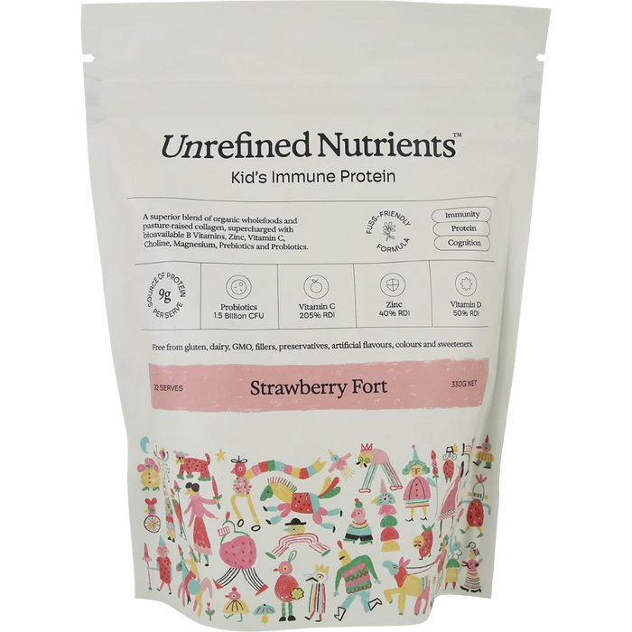 UNREFINED NUTRIENTS Kid's Immune Protein Strawberry Fort 330g front of pouch