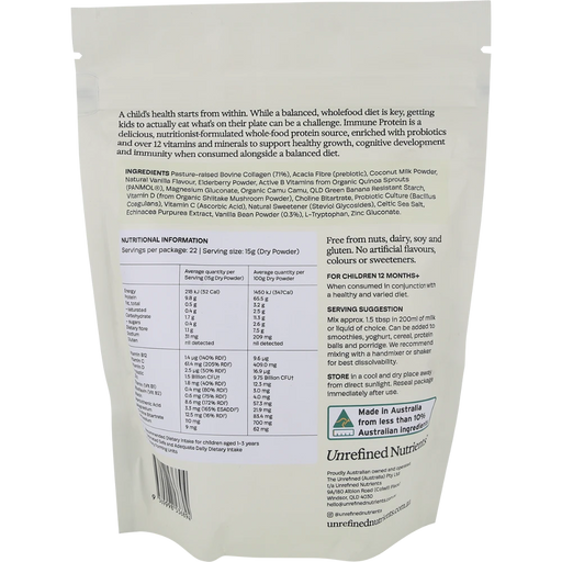 UNREFINED NUTRIENTS Kid's Immune Protein Vanilla Vanguard 330g back of pouch with nutrition information and ingredients