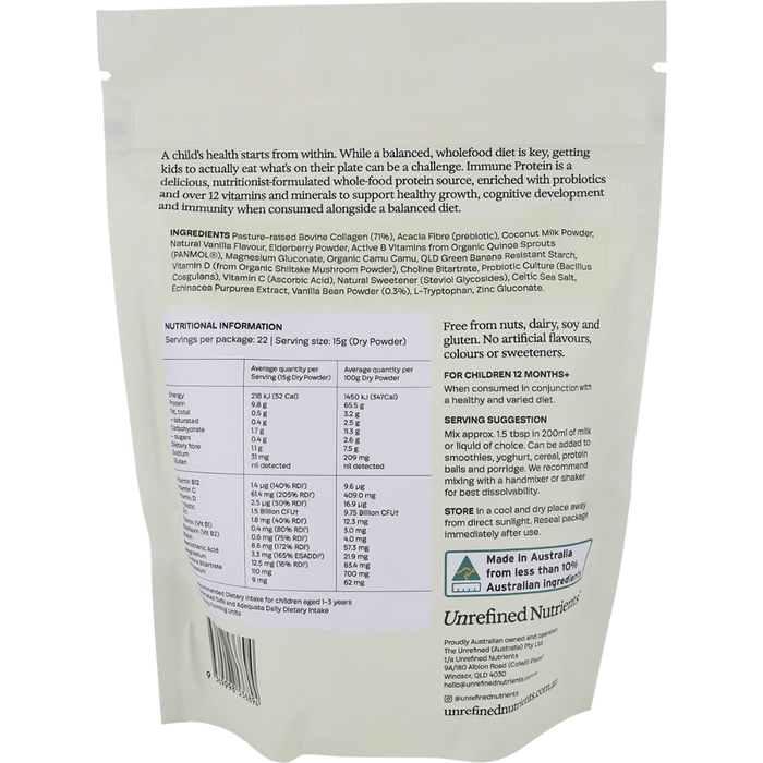 UNREFINED NUTRIENTS Kid's Immune Protein Vanilla Vanguard 330g back of pouch with nutrition information and ingredients