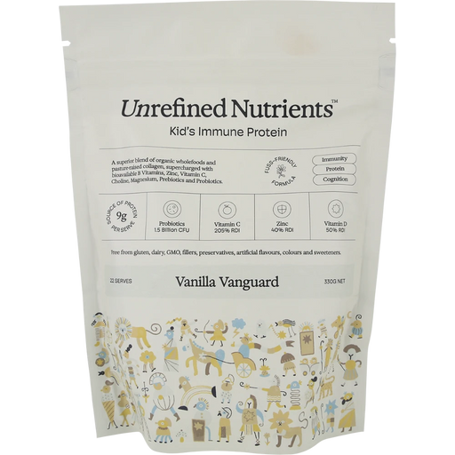 UNREFINED NUTRIENTS Kid's Immune Protein Vanilla Vanguard 330g front of pouch