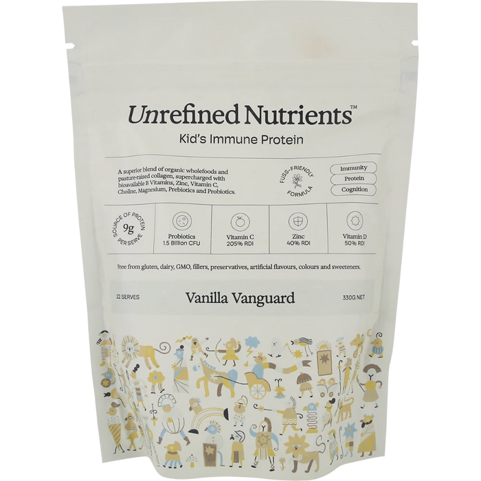 UNREFINED NUTRIENTS Kid's Immune Protein Vanilla Vanguard 330g front of pouch