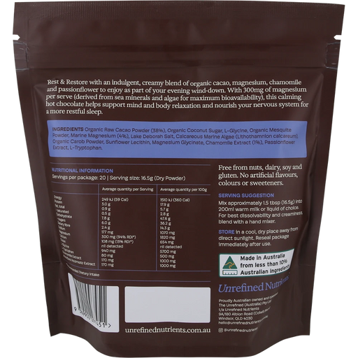 UNREFINED NUTRIENTS Magnesium & Chamomile Malt Hot Chocolate 330g back of pouch with nutrition information and ingredients