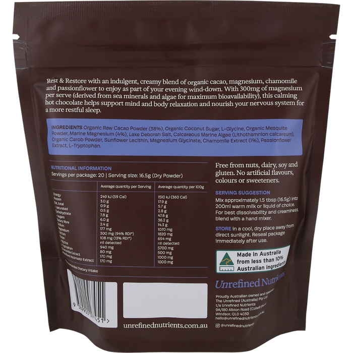 UNREFINED NUTRIENTS Magnesium & Chamomile Malt Hot Chocolate 330g back of pouch with nutrition information and ingredients