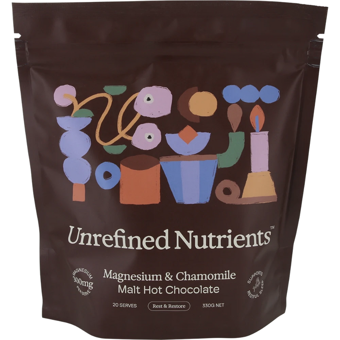 UNREFINED NUTRIENTS Magnesium & Chamomile Malt Hot Chocolate 330g front of pouch