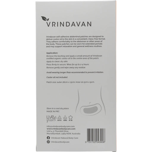 VRINDAVAN Self Adhesive Abdominal Castor Oil Patches 10pk - back of pack showing directions for use