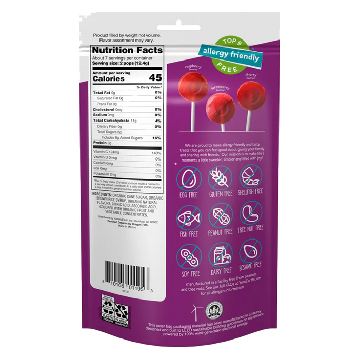 YUMEARTH Organic Lollipops Bags Vitamin C 85g/14 lollipops per bag - back of pack with nutrition panel and ingredients