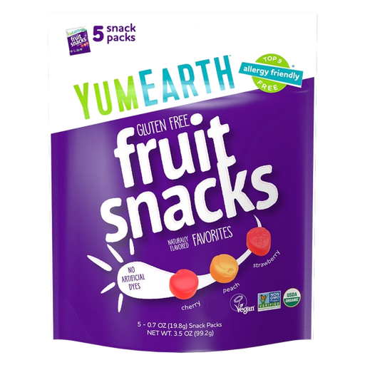 YUMEARTH Organic Vegan Fruit Snack Packs 99g - front of pack, 5 x 19.8g favourites fruit snacks