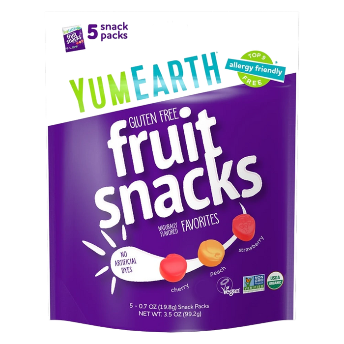 YUMEARTH Organic Vegan Fruit Snack Packs 99g - front of pack, 5 x 19.8g favourites fruit snacks