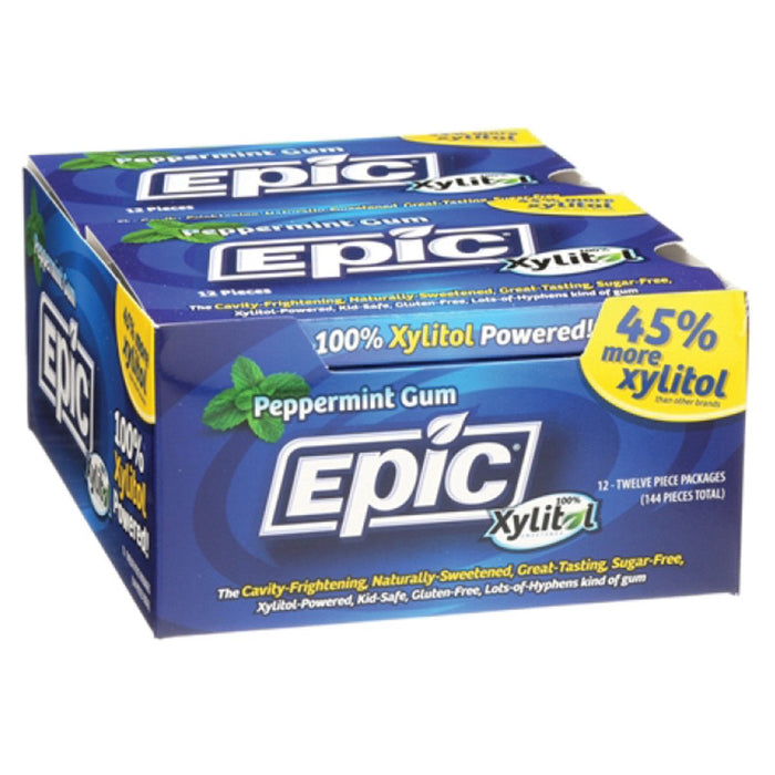 Epic Xylitol Chewing Gum - Sugar Free & Aspartame Free Chewing Gum  Sweetened w/Xylitol for Dry Mouth & Gum Health (Peppermint, 12-Piece Pack,  12