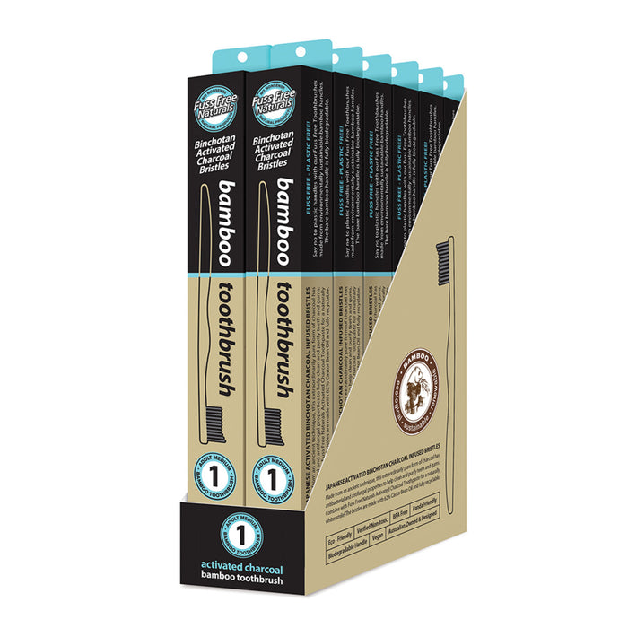Essenzza Fuss Free Naturals Bamboo Activated Charcoal Medium Toothbrush 1 Pack x 12 Display