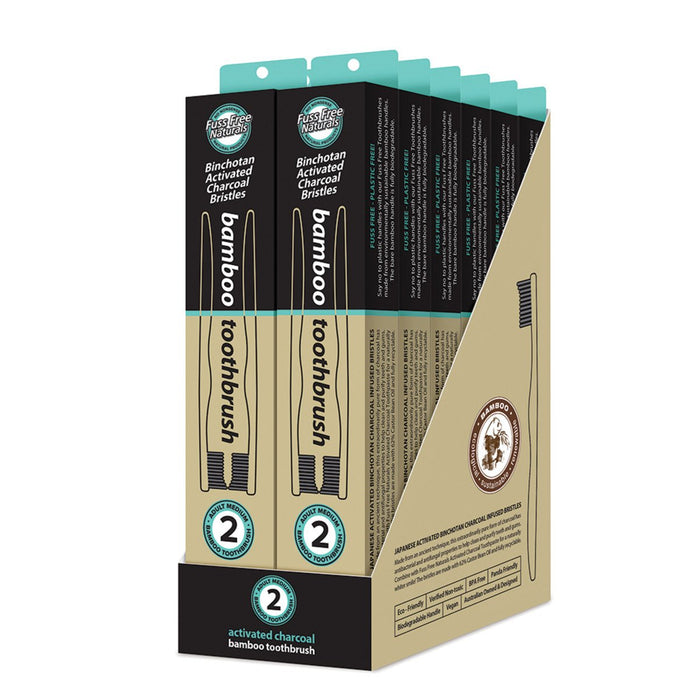 Essenzza Fuss Free Naturals Bamboo Activated Charcoal Medium Toothbrush 2 Pack x 12 Display