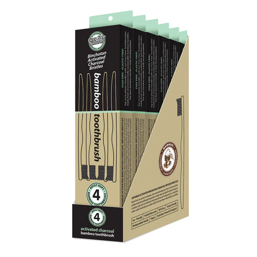 Essenzza Fuss Free Naturals Bamboo Activated Charcoal Soft Toothbrush 4 Pack x 6 Display