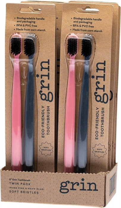 GRIN 8 Pack - Twin Pack Soft Biodegradable Toothbrush Pink & Navy