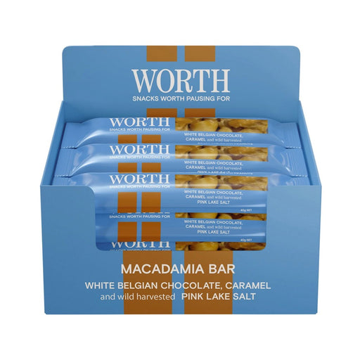 WORTH FOODS Macadamia Bar White Chocolate & Caramel - 12x40g