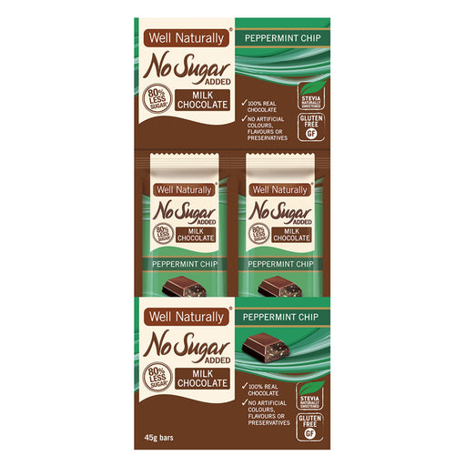 Well Naturally No Added Sugar Peppermint Chip Bar Milk Chocolate  45g x 16 Display